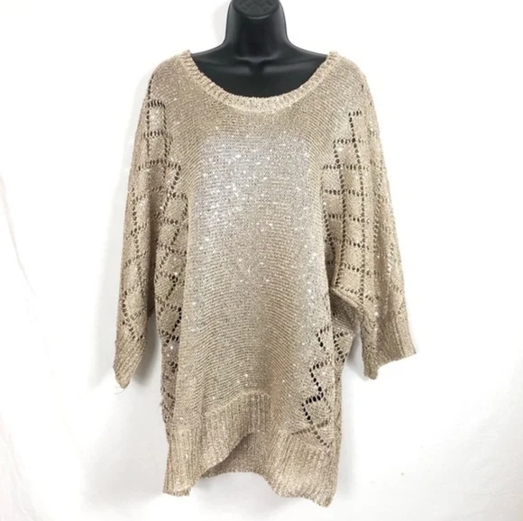 2/$30 Lauren Mitchelle BohoRelaxed Oversized Gold Glitter Mesh Sweater top(#311) - Picture 6 of 6